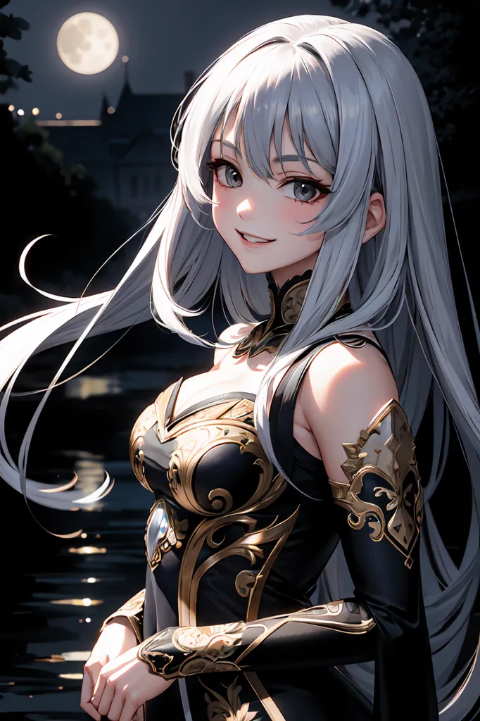 The image is a portrait of a beautiful young woman with long silver hair and purple eyes. She is wearing a black and gold dress with a white gem in the center. She has a gentle smile on her face and is standing in front of a dark background with a full moon in the distance.