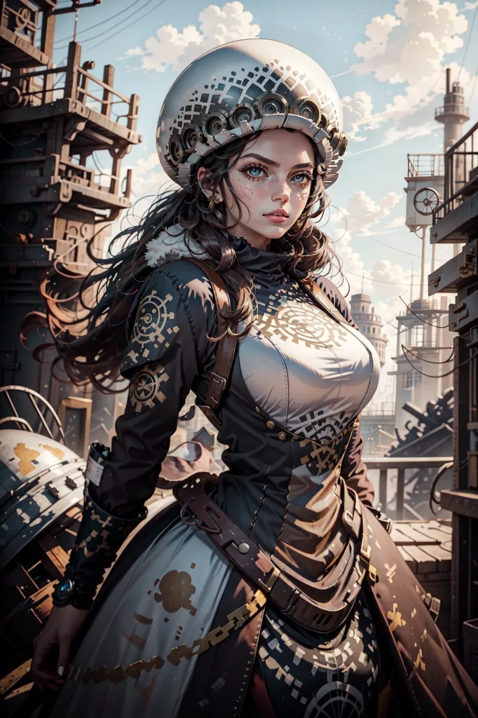 This is an image of a young woman standing on a platform in a steampunk setting. She is wearing a white and brown steampunk outfit. She has a white hat with brown goggles and a brown coat with white and gold trim. She is also wearing a white and brown skirt. She has long brown hair and blue eyes. She is standing in front of a large metal structure. There are buildings and structures in the background.