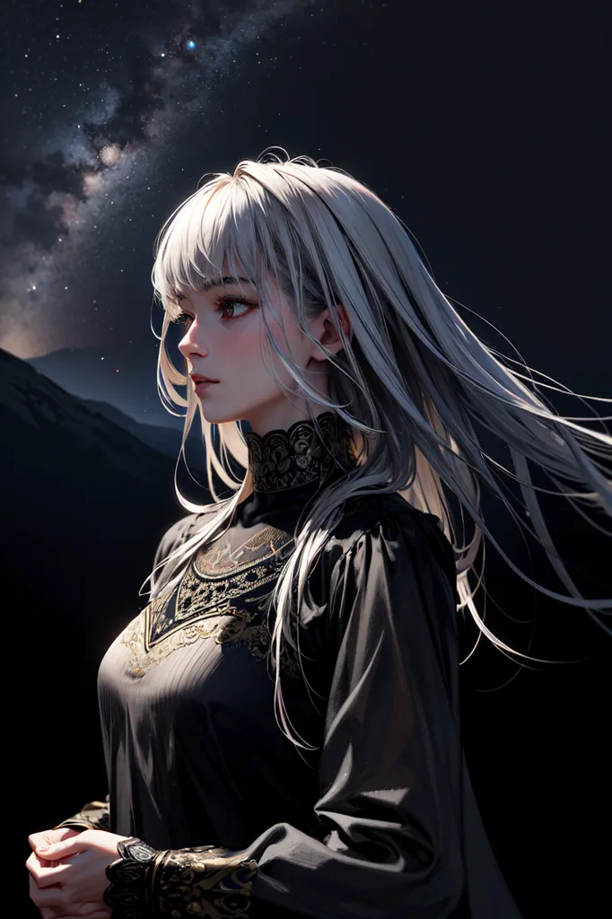 The image is a portrait of a beautiful young woman with long white hair and gray eyes. She is wearing a black dress with gold trim. The woman is standing in front of a dark background with a starry night sky and mountains in the distance.