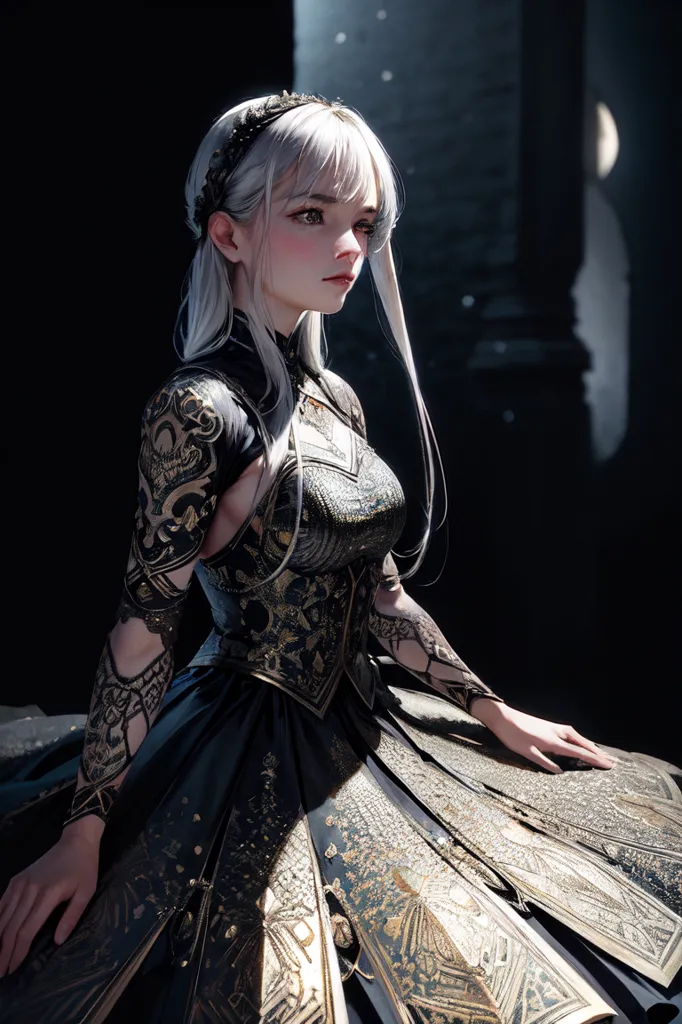 The picture shows a young woman with long white hair. She is wearing a black and gold dress with a white and gold crown on her head. The dress has intricate designs on it. The woman is sitting on a stone bench in a dark room. There is a dark background behind her. The woman is looking to the right of the frame.