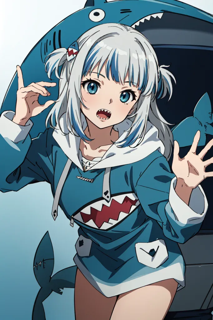 This is an image of an anime-style girl with shark-like features. She has pale skin, blue eyes, and white hair styled in twintails with shark fin-like protrusions. She is wearing a blue hoodie with a shark mouth design on the front and a shark fin on the back. She is also wearing white shorts and black sneakers with shark teeth-like designs on the toes. She has a surprised expression on her face and is holding her hands up in front of her. There is a shark behind her that has its mouth open and is showing sharp teeth.