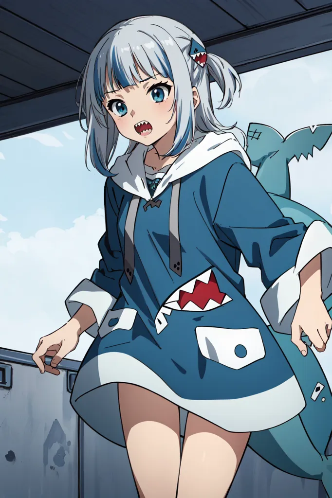 The image depicts an anime-style girl with shark-like features. She has pale skin, blue eyes, and white hair styled in twin shark fins. She wears a blue hoodie dress with shark teeth-like patterns and a shark fin-like hood. The girl is standing on a rooftop, looking at the viewer with an excited expression.