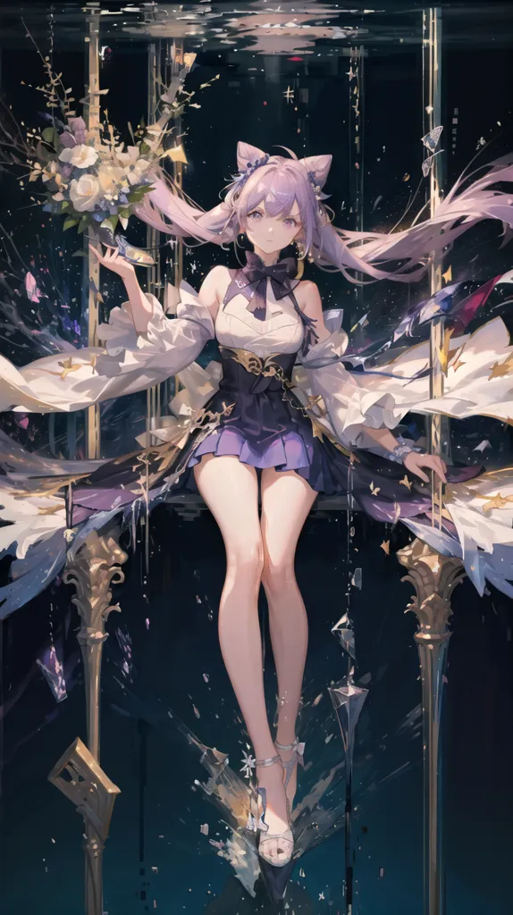 The image is of a beautiful anime girl with long purple hair and cat ears. She is wearing a white and purple dress with a corset and a short skirt. She is sitting on a transparent platform with one leg crossed over the other and is holding a bouquet of flowers. She is surrounded by floating shards of glass and there is water beneath her.