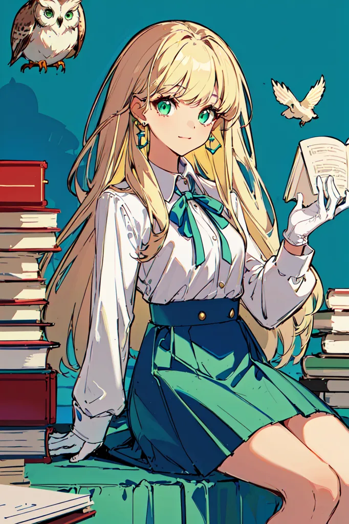 The image shows a girl with long blond hair and green eyes. She is wearing a white blouse, a green skirt, and a blue bow tie. She is sitting on a stack of books and there are more books floating around her. She is holding a book in her right hand and there is an owl on her left shoulder and a small bird on her right. The background is blue.