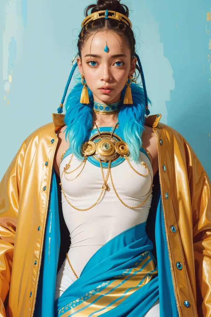 This is a picture of a woman, with light blue eyes, dark hair, and a golden headband. She is wearing a white bodysuit with a blue and gold pattern and a gold jacket. She is also wearing a lot of gold jewelry, including a necklace, earrings, and bracelets. She has a stern expression on her face.