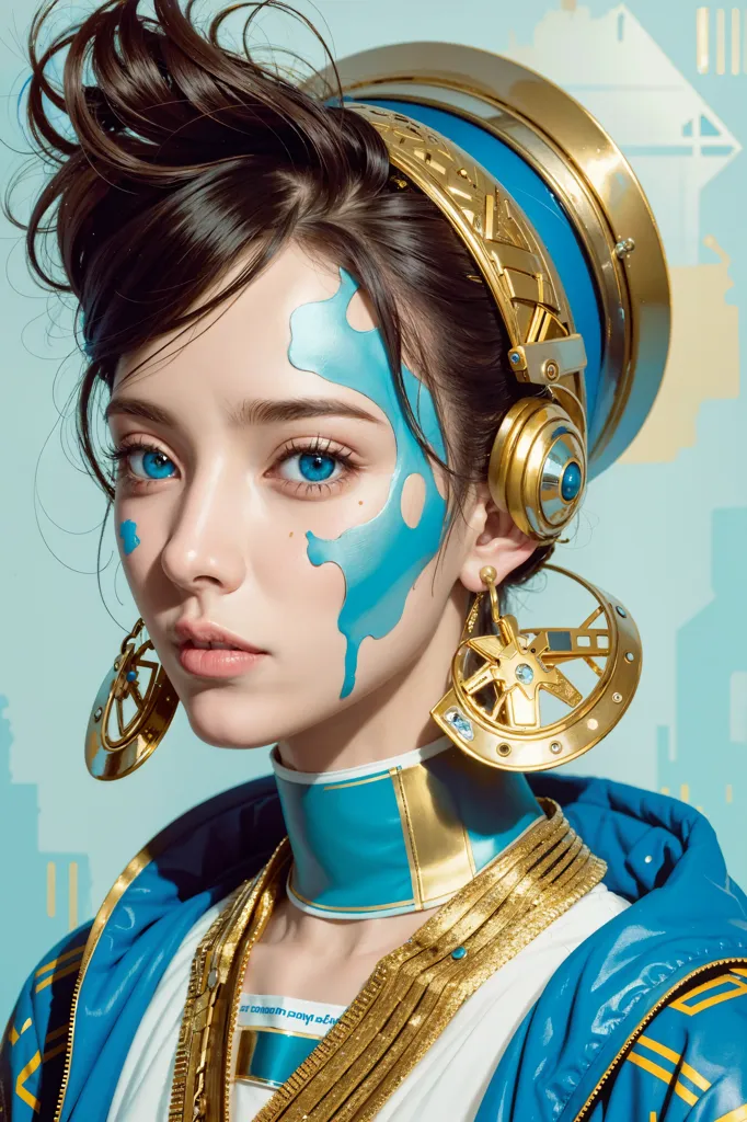 This is an image of a young woman with blue eyes and brown hair. She is wearing a blue and gold outfit and has a gold and blue headpiece with headphones. She also has blue paint on her face and neck. The background is a light blue color with white lines.