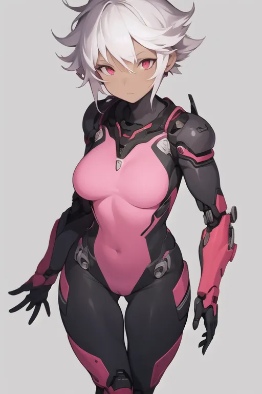 The image is of a beautiful anime girl with white hair and red eyes. She is wearing a black and pink bodysuit with a lot of technological details. The bodysuit has a high collar and a zipper in the front. There are also some pink and black lines on the bodysuit. She is also wearing a pair of black boots. The girl is standing in a confident pose with her hands on her hips. She has a serious expression on her face. The background is a light gray color.