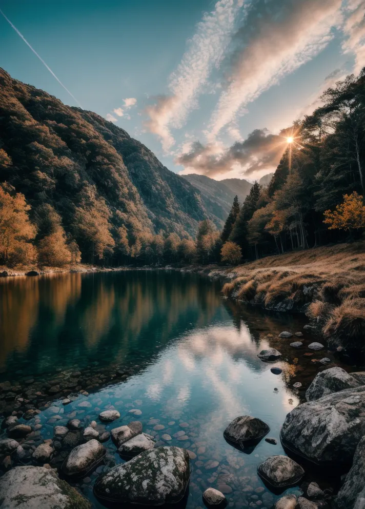 A imagem mostra uma bela paisagem com um rio fluindo através de um vale. A água no rio é cristalina e reflete o céu azul e as nuvens brancas. O vale é cercado por colinas e montanhas verdes. O sol brilha intensamente, lançando um brilho quente sobre a cena. Há rochas e seixos na margem do rio.