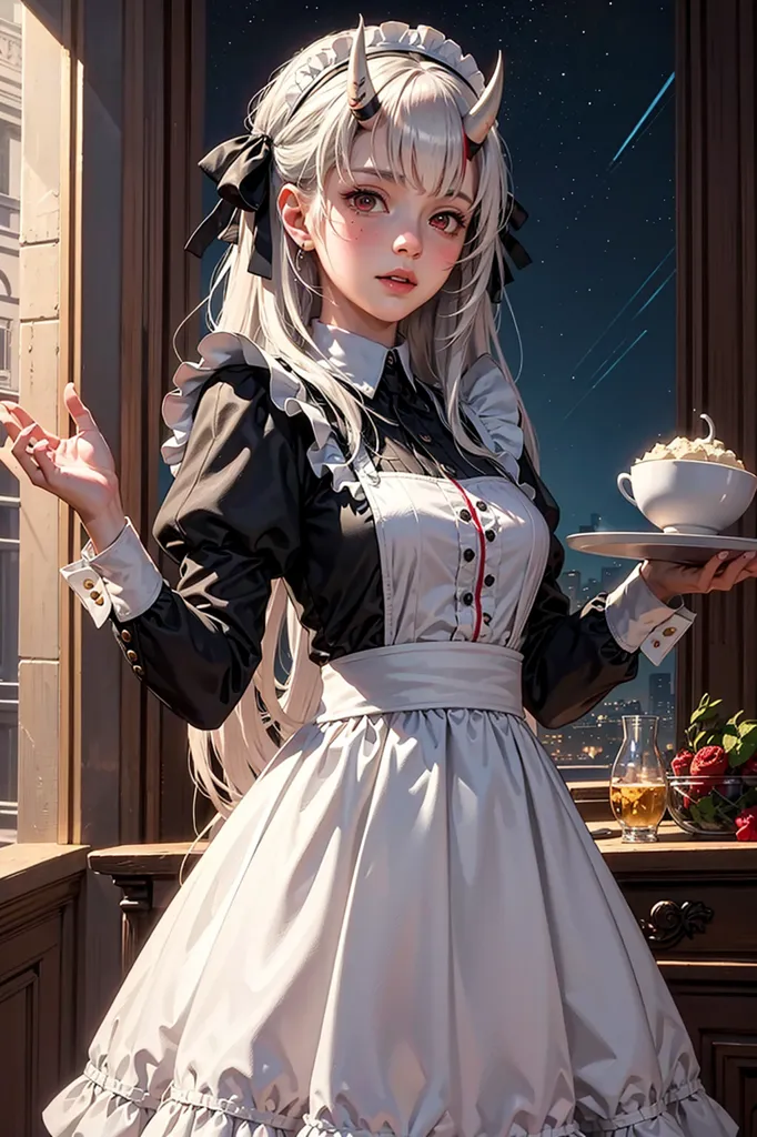 The picture shows a beautiful anime girl with long white hair and red eyes. She is wearing a black and white maid outfit with a lacy apron. There are two small horns on her head. She is standing in front of a window, holding a tray with a cup of tea on it. The background is a cityscape at night.