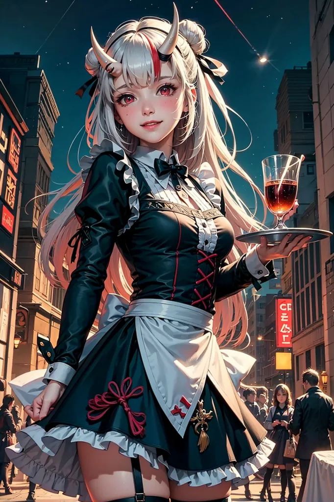 The picture shows a young woman with long white hair and red eyes. She is wearing a black and white maid outfit with a red bow. She is holding a tray with a glass of red wine on it. She is standing in a busy street with people walking past her. There are buildings and restaurants in the background. The sky is dark and there are stars in the sky.