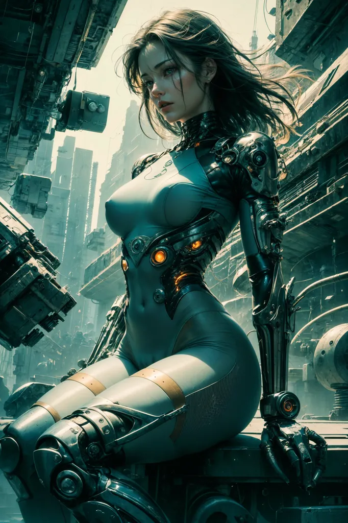 The image is of a beautiful woman with long brown hair. She is wearing a skin-tight gray suit with orange highlights and has various cybernetic enhancements, including a robotic left arm and leg. She is sitting on a railing in a futuristic city with large buildings and flying cars in the background.