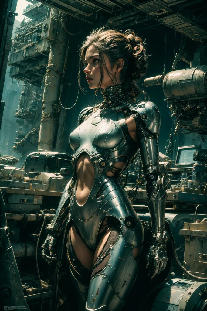 The image is of a beautiful woman with brown hair and blue eyes. She is wearing a silver metallic bodysuit that covers her torso and legs. The bodysuit has a number of intricate details, including a pattern of small holes that run along the sides. She is also wearing a pair of metallic boots and a pair of metallic gloves. Her right arm is made of metal and has a number of sharp edges. She is standing in a dark, industrial setting. There are a number of large machines and pipes in the background. The image is rendered in a realistic style and the lighting is very dramatic.