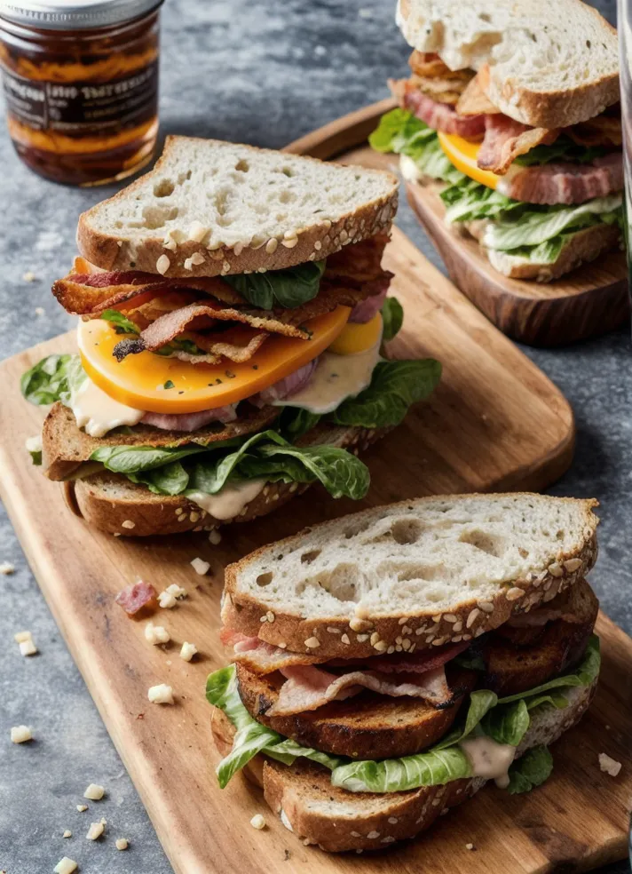 There are two sandwiches on a wooden cutting board. The sandwiches are made of thick-cut bread, bacon, lettuce, tomato, and cheese. The bread is spread with a creamy sauce. The sandwiches are cut in half and stacked on top of each other. There is a small bowl of nuts on the table next to the sandwiches.