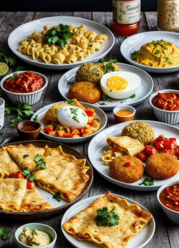 There are many plates of food on a wooden table. The plates are filled with pasta, vegetables, eggs, and other dishes. There is also a bowl of soup and a bottle of wine. The food is all arranged in a very appealing way.