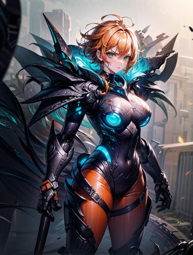 This is an image of a female warrior. She is wearing a black and orange bodysuit with a blue crystal in the center. She has brown hair and green eyes. She is also wearing a pair of black boots and a pair of black gloves. She is standing in a destroyed city. There are ruins of buildings and debris all around her. The sky is dark and cloudy.