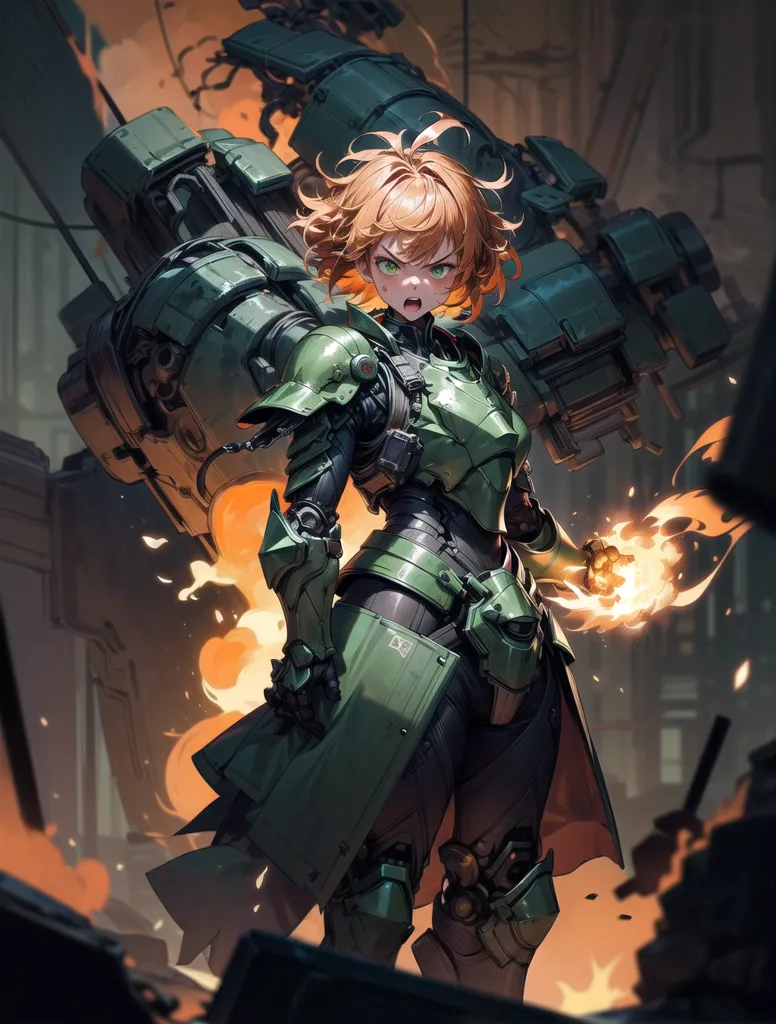 This is an illustration of a young woman with short orange hair and green eyes. She is wearing a green and black bodysuit with armor. She has a determined expression on her face and is surrounded by flames. There is a large green mech in the background.