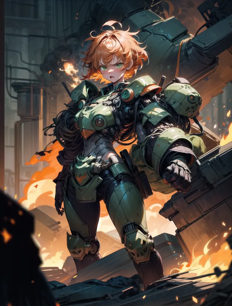 This is an illustration of a young woman with orange hair and green eyes. She is wearing a green and black armored suit with a device attached to her right arm. She is standing in a post-apocalyptic setting, with flames and debris all around her. She has a determined expression on her face, and it is clear that she is ready to fight.