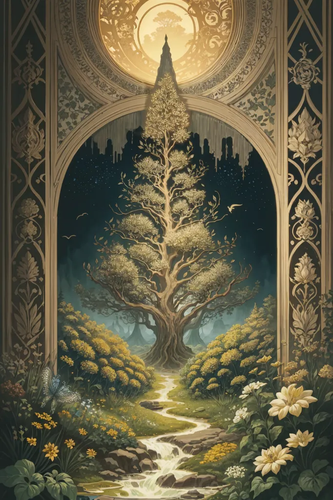 The image is a painting of a large tree with a golden trunk and branches. The tree is in the center of a forest, and there is a river flowing in front of it. The river is surrounded by a variety of flowers and plants. In the background, there is a large city with tall buildings. The painting is done in a realistic style, and the colors are vibrant and lifelike. The image is full of detail, and the artist has clearly spent a lot of time on it.