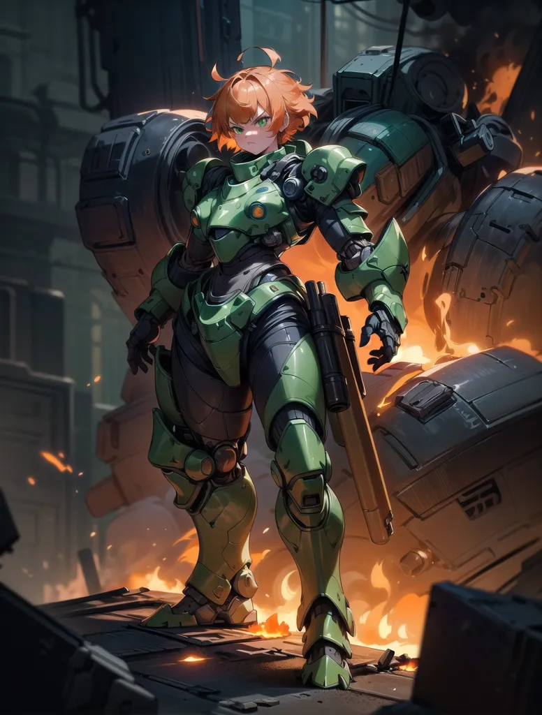 The image shows a female character with orange hair and green eyes wearing a green and black armored suit. She is standing in a post-apocalyptic setting, with a large, destroyed mech behind her. The character is holding a gun.