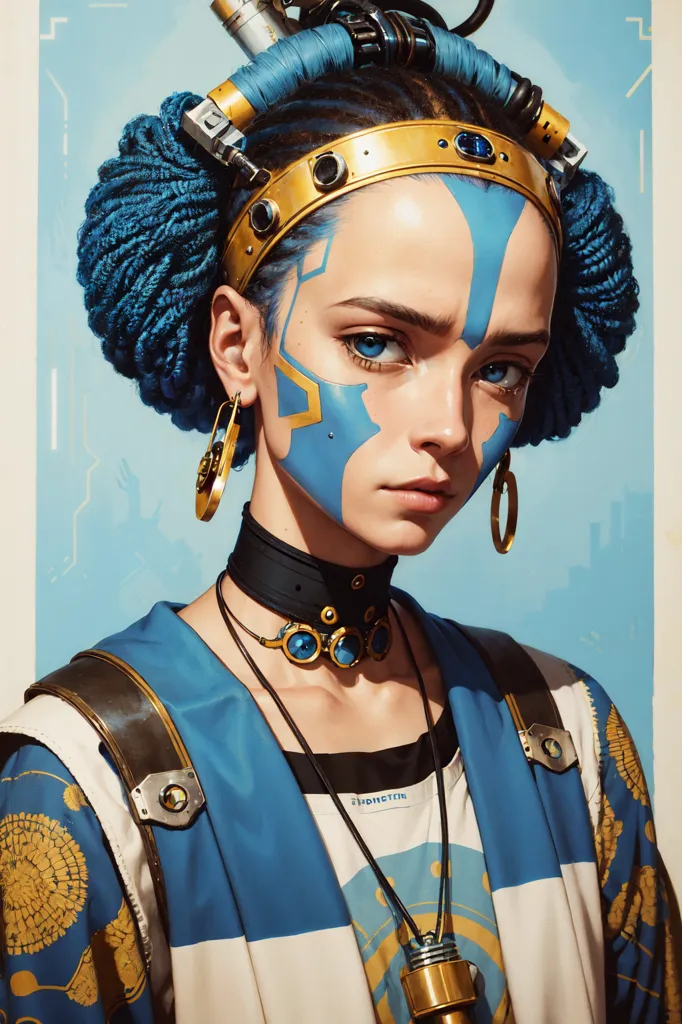 Esta é uma imagem de uma jovem mulher com cabelo azul e maquiagem facial azul e dourada. Ela está usando uma camisa branca com um casaco azul e dourado. Ela tem muitas joias, incluindo um colar, brincos e um adereço de cabeça. Seus olhos são escuros e ela tem uma expressão séria no rosto. Ela parece ser de um mundo futurista.