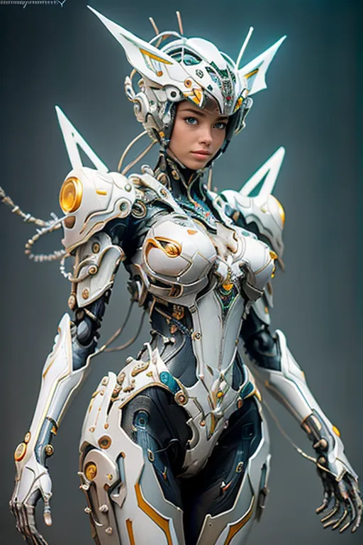 This is an image of a woman wearing a white and gold futuristic armor. The armor has a lot of details and looks very realistic. The woman has blue eyes and looks very serious. She is standing in a powerful pose and looks ready for battle. The background is dark and there are some blue lights on the armor.