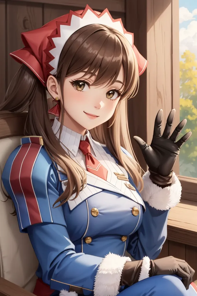 The image shows a young woman with long brown hair and brown eyes. She is wearing a blue military-style uniform with a red hat and white gloves. She is sitting in a chair and has one hand raised in the air, as if she is waving. The background is a blurred image of a forest.