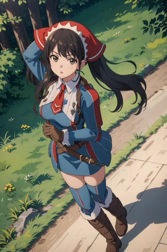 This is an image of a young woman with long brown hair and brown eyes. She is wearing a blue and red military-style uniform. The hat has a red brim and a white band around it. The jacket is blue with white trim and red epaulettes. The skirt is also blue with a white underskirt. She is wearing brown boots and a brown belt. She is standing in a forest, with green grass and trees in the background.