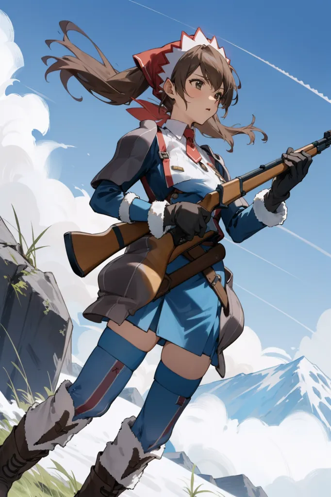 The image is a painting of a young woman in a military uniform. She is standing in a mountainous landscape, holding a rifle. The woman has brown hair and eyes, and she is wearing a red hat, a blue shirt, and a white skirt. She is also wearing a pair of boots and a bandolier. The background of the image is a mountain range, with clouds in the sky. The image is in a realistic style, and the artist has used a variety of techniques to create a sense of depth and realism.