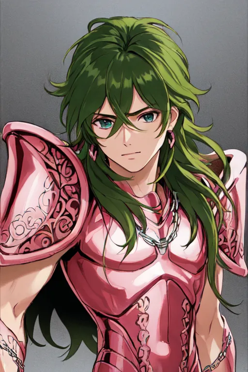 The image shows a young man with green hair and green eyes. He is wearing a pink and gold armor. The man is standing in a confident pose, with his left hand on his hip and his right hand holding a staff. He has a serious expression on his face. The background is a dark grey.