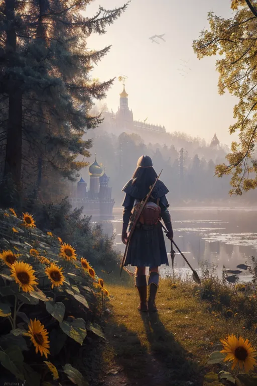 This is an image of a person walking away from the viewer, into the distance. They are in a field of yellow flowers, and there is a forest to the left and a lake to the right. In the distance is a castle or large building. The person is wearing a green shirt and brown pants, and they have a sword and a shield. They are also wearing a brown hat. The image is in a realistic style, and the colors are muted and natural.