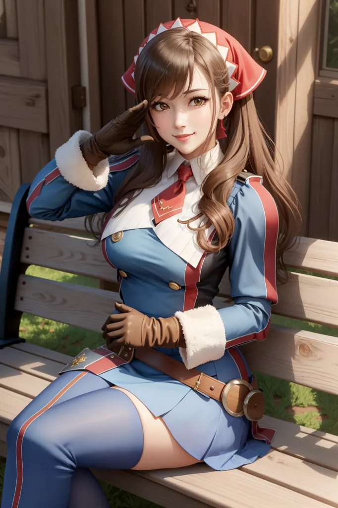 L'image montre une jeune femme en uniforme militaire assise sur un banc. Elle a les cheveux bruns et les yeux verts, et elle porte un béret rouge, une chemise bleue et une jupe blanche. Elle porte également des gants marrons et une ceinture avec une boucle dorée. La femme est assise dans une pose décontractée, avec une main sur la hanche et l'autre en salut. Elle a un sourire confiant sur le visage. L'arrière-plan de l'image est un mur en bois avec une porte. L'image est dessinée dans un style réaliste, et la femme est représentée d'une manière à la fois attrayante et respectueuse.