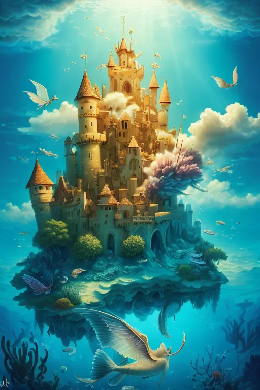 The image is a beautiful depiction of an underwater castle. The castle is made of gold and has a large tower in the center. It is surrounded by smaller towers and turrets. The castle is surrounded by a moat of water, and there are fish and other sea creatures swimming around. The castle is also surrounded by coral reefs and other underwater plants. The image is very detailed and captures the beauty of the underwater world.