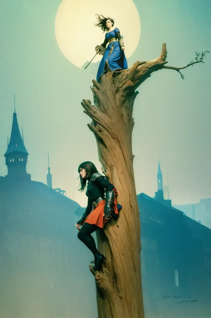 The image is of two women, one in a blue dress and the other in a red skirt, climbing a tree. The woman in the blue dress is near the top of the tree, and the woman in the red skirt is about halfway up. The tree is thick and has a large knot in the middle. The background is a blue sky with a large white moon. There are also two buildings in the background.