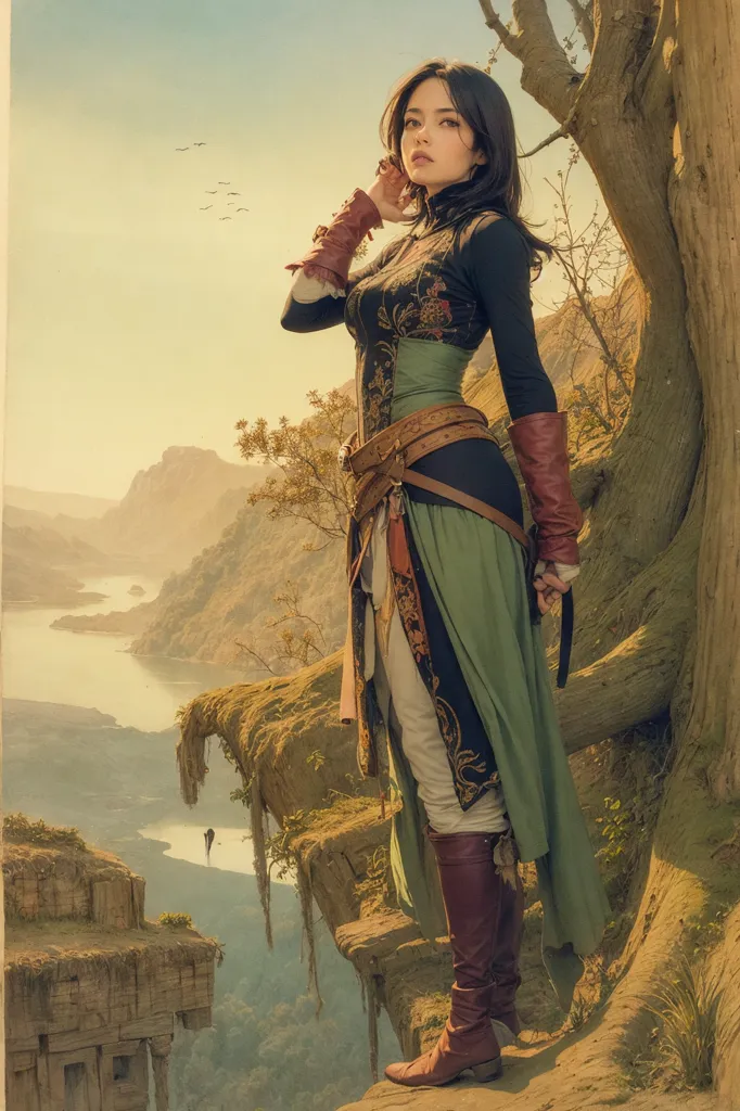 The image shows a woman standing on a cliff. She is wearing a green and brown outfit. She has a sword on her hip and a dagger in her hand. She is looking out at the view. There is a large tree next to her. In the distance, there is a mountain range and a river.