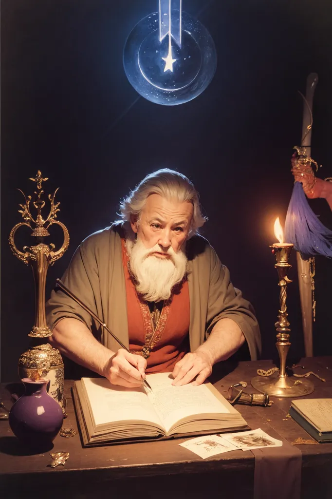 The image is of a man sitting at a desk, writing in a book. He has a long white beard and is wearing a brown robe with a red shirt underneath. There is a candle on the desk, a quill in his hand, and an inkwell. There is also a strange blueish light above his head.