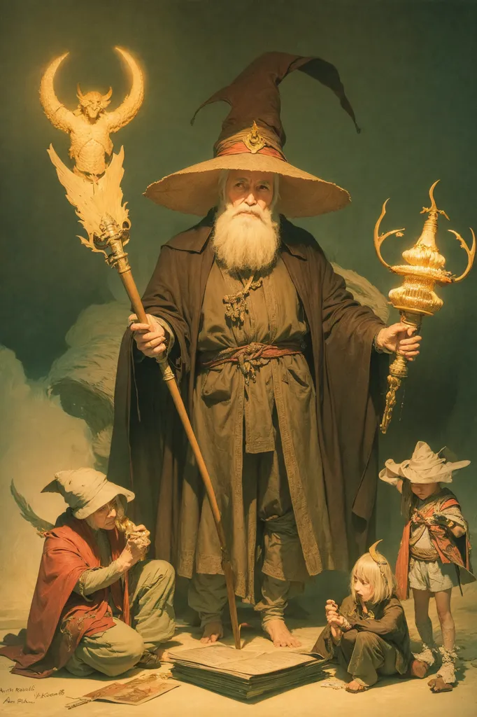 The image is of a wizard standing in a dark room. He is wearing a long brown robe and a tall, pointed hat. He has a long white beard and a staff in his hand. The staff is topped with a crescent moon and a dragon. There are three children kneeling in front of him. They are all wearing tunics and have their heads bowed. The wizard is looking down at them with a stern expression.