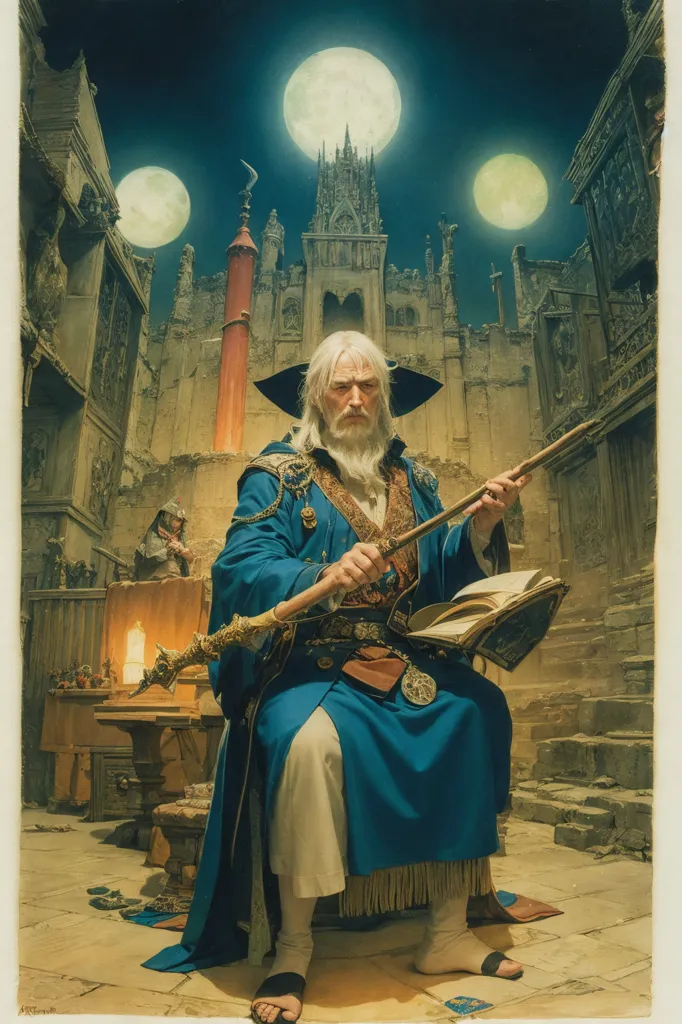 The image is of a wizard sitting on a stone chair in a ruined city. He is wearing a blue robe and a tall hat, and he has a long white beard. He is holding a staff in his right hand, and there is an open book on his lap. There are three moons in the sky, and the ruins of a city can be seen in the background.