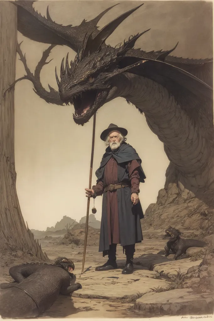 L'image représente un sorcier debout dans un paysage rocheux. Il porte une longue robe brune avec une écharpe rouge et un grand chapeau brun. Il a une longue barbe blanche et tient un bâton dans sa main droite. Il y a un grand dragon noir debout derrière lui. Le dragon a les ailes déployées et regarde le sorcier. Il y a deux petits dragons aux pieds du sorcier. L'arrière-plan est un désert avec des montagnes à l'horizon.