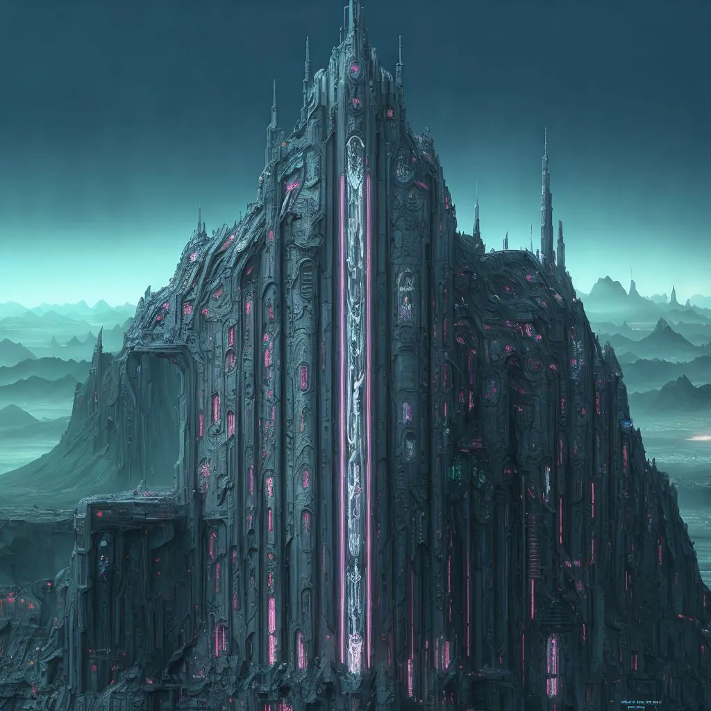 The image is a dark and mysterious castle. It is made of black stone and has a large tower in the center. Glowing pink lights line the edges of the tower and buildings. The castle is surrounded by mountains and there is a large body of water in the distance. The sky is dark and there are no stars or moon visible.