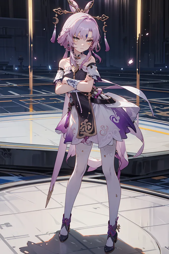 The image shows a young woman with pink hair and purple eyes. She is wearing a white and purple dress with a purple cape. She is also wearing a pair of black boots. She is standing in a futuristic setting with a large tower in the background. She has her arms crossed and looks slightly annoyed.