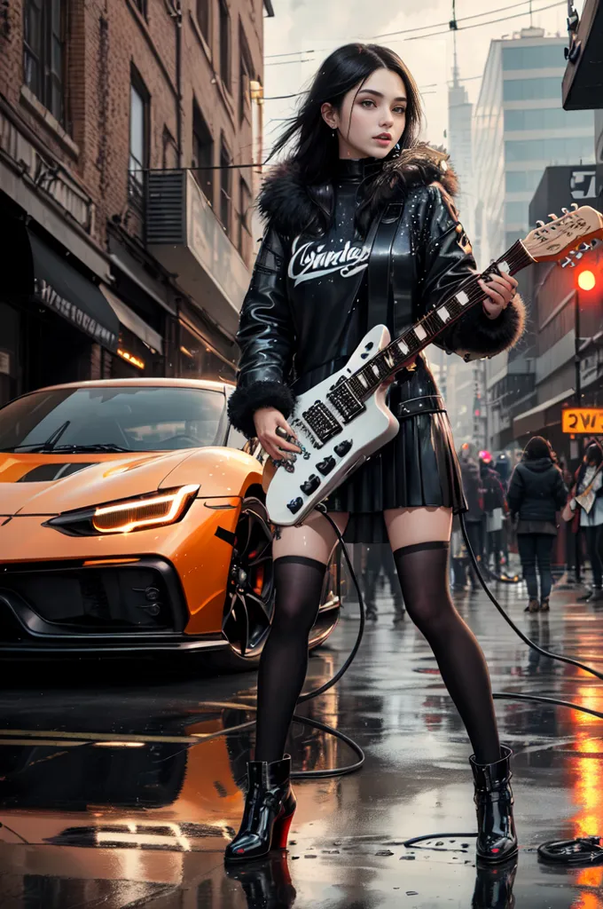 The image shows a young woman standing in a city street. She is wearing a black leather jacket, a white bodysuit, and black boots. She is playing a white electric guitar. There is an orange sports car parked behind her. The street is wet from rain. There are people walking in the background. The image is in a realistic style and the details are very sharp.