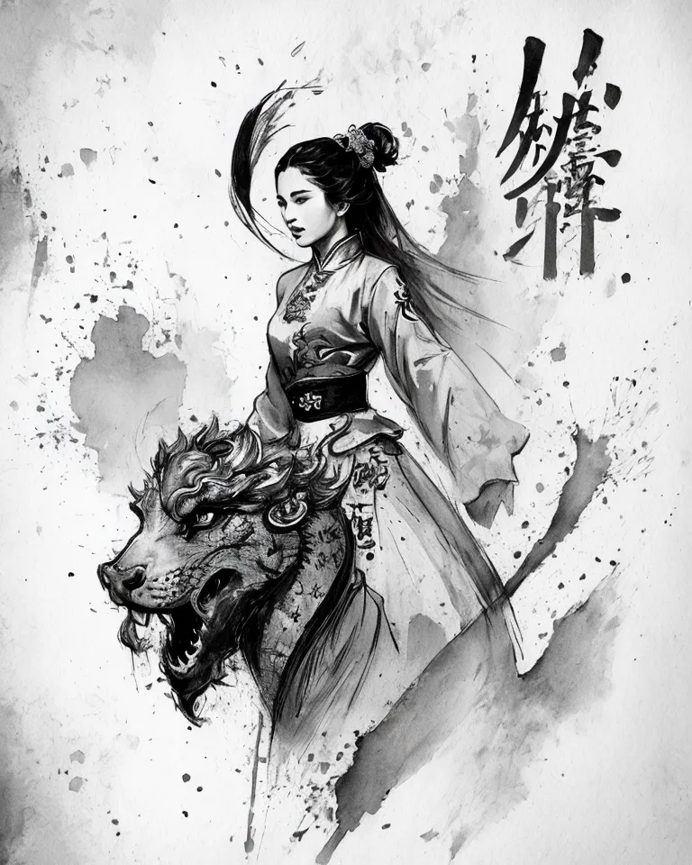 The image is a black and white drawing of a woman riding a lion. The woman is wearing a traditional Chinese dress and has long flowing hair. The lion is snarling and has a fierce expression on its face. The background is a splash of ink.