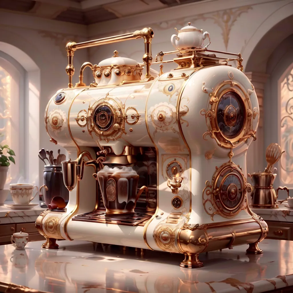 The image shows a beautiful and intricate coffee machine. It is made of white and gold, with a lot of detailing. It has a large clock on the front, with two smaller clocks above it. There are also several gauges and knobs on the front. The coffee machine is sitting on a white marble counter, with a white and gold cup sitting in front of it. There is a small plant to the left of the coffee machine, and a few other objects on the counter to the right. The background is a blurry image of a kitchen, with a large window and a few plants.