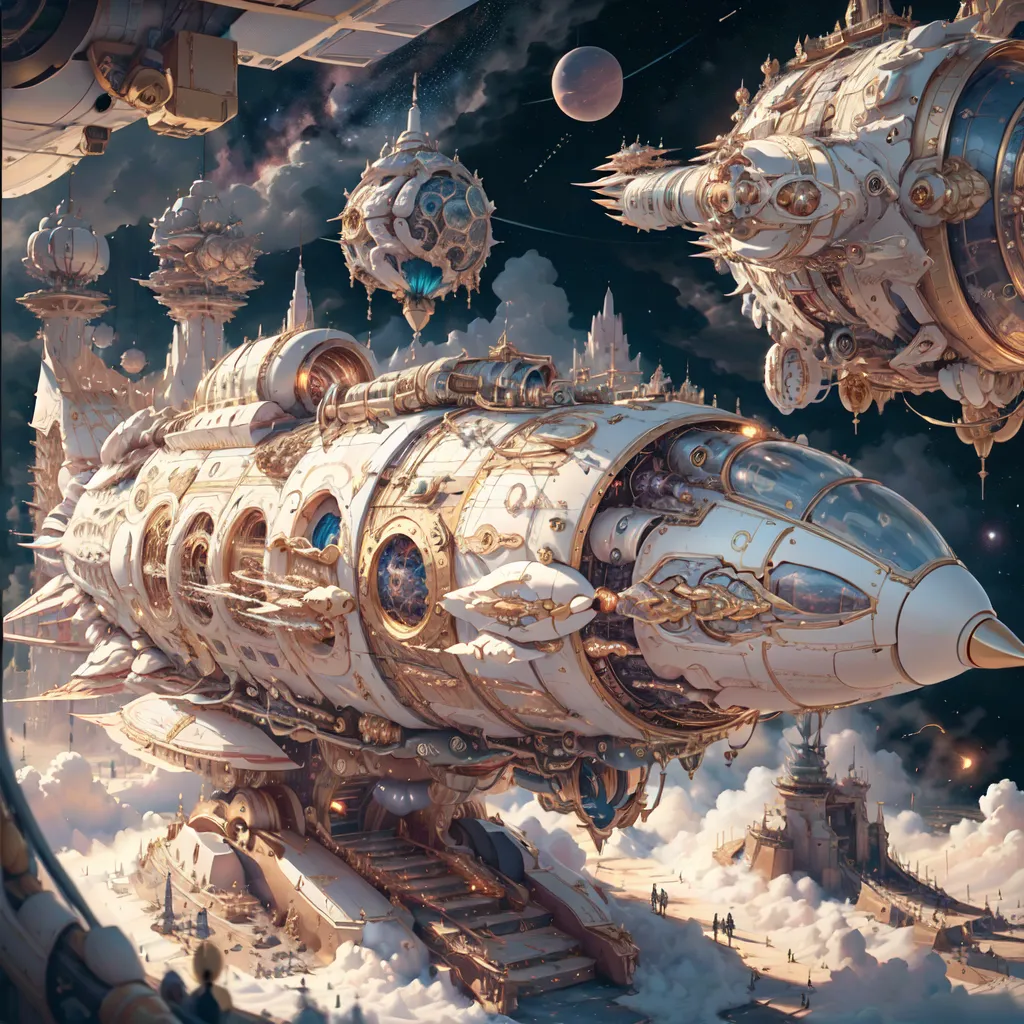 The image is of a steampunk spaceship. It is white and gold, with a long, cigar-shaped body. It has four engines, two on each side. There are also a number of smaller, spherical engines on the ship. The ship is decorated with intricate carvings and filigree. There are a number of people on the ship, all of whom are wearing steampunk clothing. The ship is docked at a space station. There are a number of other spaceships docked at the station, as well as a number of people walking around. The space station is located in a large, open area. There are a number of clouds in the sky, and the sun is shining brightly.