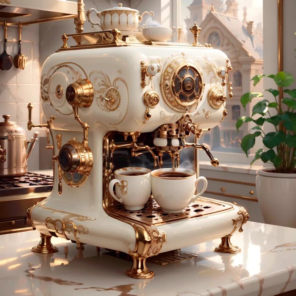 L'image montre une magnifique machine à café blanche et dorée posée sur un plan de travail en marbre. La machine est très ornée, avec de nombreux détails complexes. Il y a deux tasses de café posées sur le plateau d'égouttage. Il y a une plante posée sur le comptoir à droite de la machine à café. En arrière-plan, il y a une fenêtre avec une vue sur une ville.