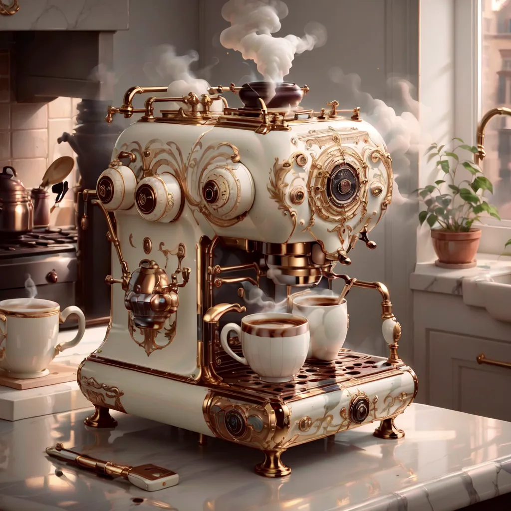 A imagem mostra uma bela e ornamentada máquina de café com duas xícaras brancas e douradas de café no bandeja de gotejamento. A máquina é branca com detalhes dourados e tem muitos detalhes. Há vapor saindo da máquina e das xícaras. Há uma planta em segundo plano e duas chaleiras no fogão. A máquina está sobre um balcão de mármore.