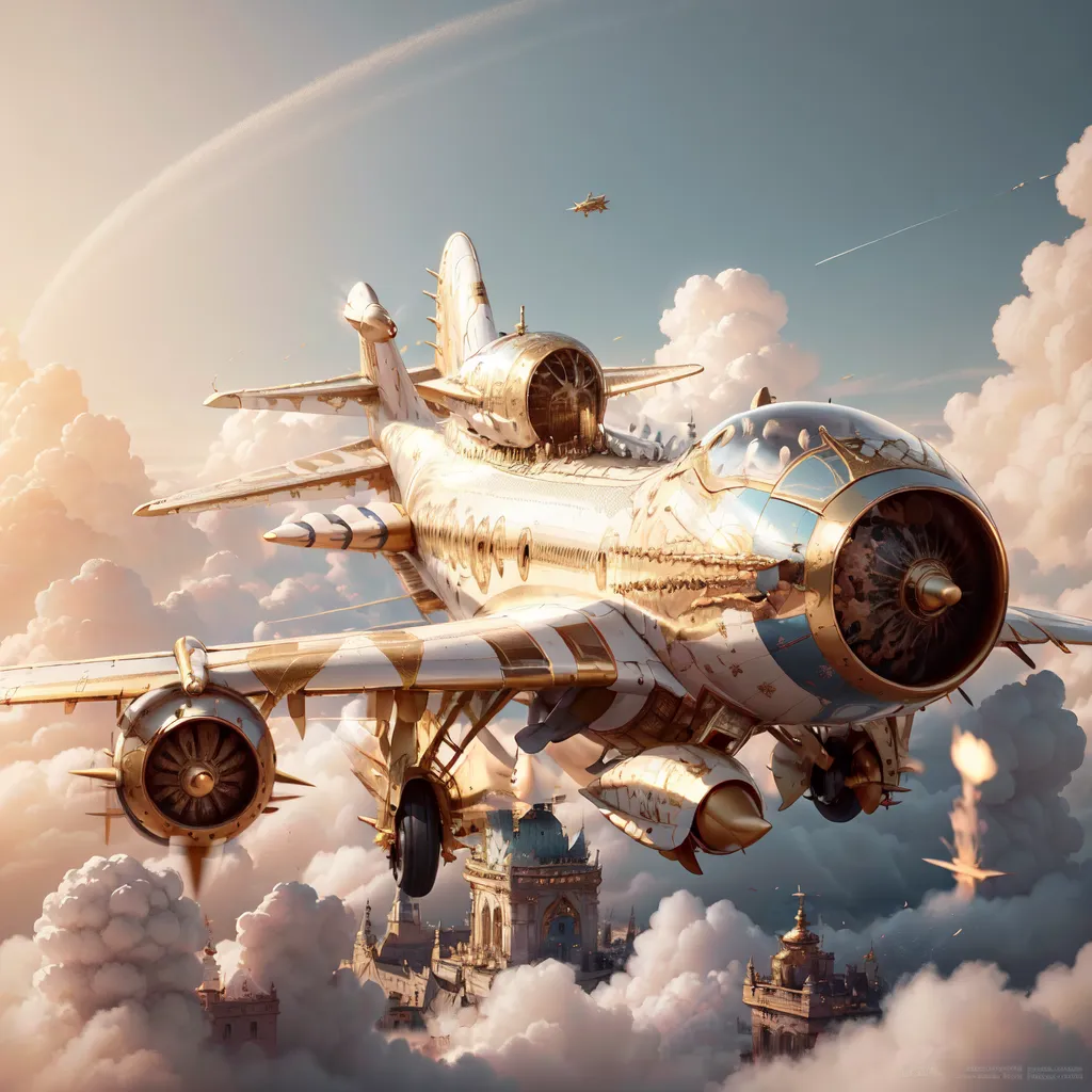 The image shows a steampunk airplane in flight. It is a large, golden aircraft with ornate details and exposed machinery. The plane is flying high above a city, with clouds below and a clear blue sky above. The plane is sleek and powerful, and it looks like it is ready for battle.