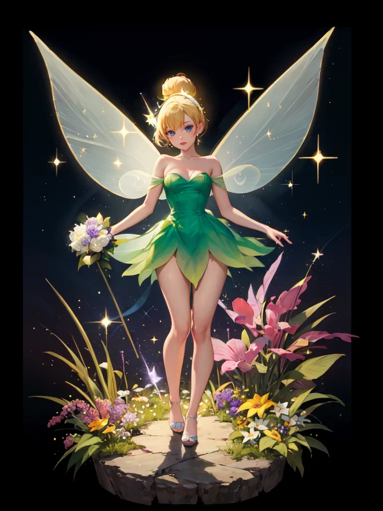 The image shows a fairy with long blond hair and blue eyes. She is wearing a green dress with a sweetheart neckline and a skirt made of leaves. She has green wings and is barefoot. She is standing on a rock in a field of flowers. There are also some tall grass and other plants in the background. The fairy is holding a bouquet of flowers in her right hand. She is looking at the viewer with a smile on her face.