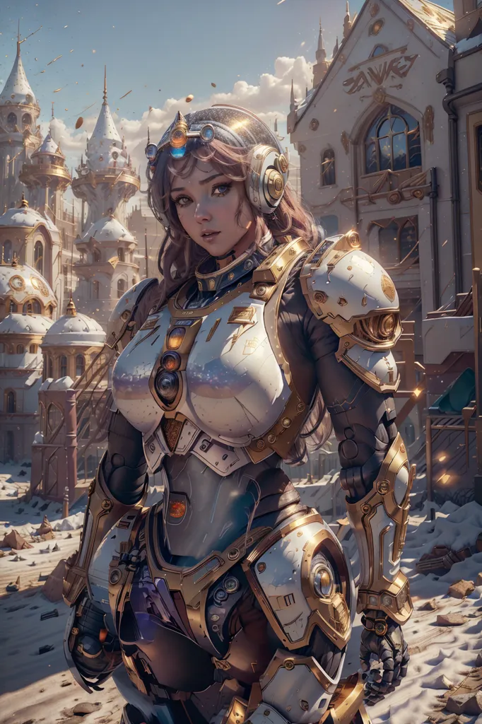 The image is of a female warrior standing in a ruined city. She is wearing a white and gold armor and has a determined expression on her face. The city is in ruins, with broken buildings and rubble everywhere. The sky is blue but cloudy. The warrior woman is standing on a pile of rubble. She is holding a gun in her right hand. She is wearing a helmet with a visor. The visor is open and her face is visible. She has long brown hair. She is wearing a white and gold breastplate. The breastplate is decorated with a golden sunburst design. She is also wearing white and gold shoulder pads. The shoulder pads are decorated with a golden lion's head design. She is wearing a white and gold skirt. The skirt is decorated with a golden floral design. She is also wearing white and gold boots. The boots are decorated with a golden dragon design.