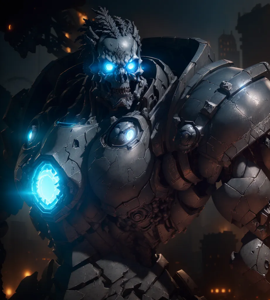 The image is a dark and detailed rendering of a cyborg. The cyborg is in a hunched position. The face has a skull-like appearance with glowing blue eyes and a mouth that is missing the lower jaw. The body is covered in a dark grey armor with glowing blue lights on the chest and shoulders. The left arm is missing and replaced with a large mechanical claw. The right arm is a large cannon-like weapon. The background is a dark cityscape with large buildings and explosions.